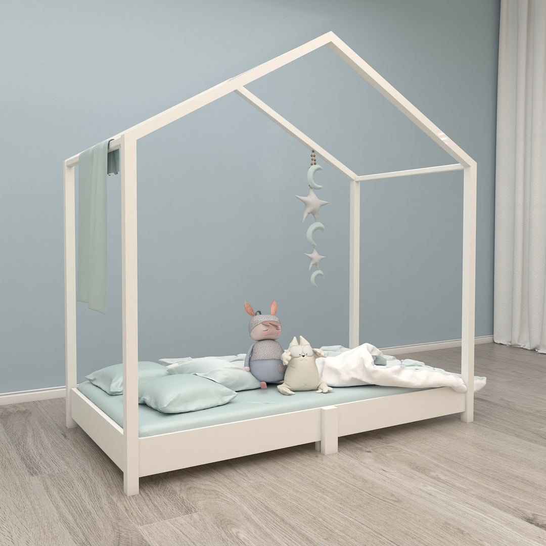 Lettino a casetta 70 x 140 cm - letto da terra secondo il principio Montessori - legno bianco