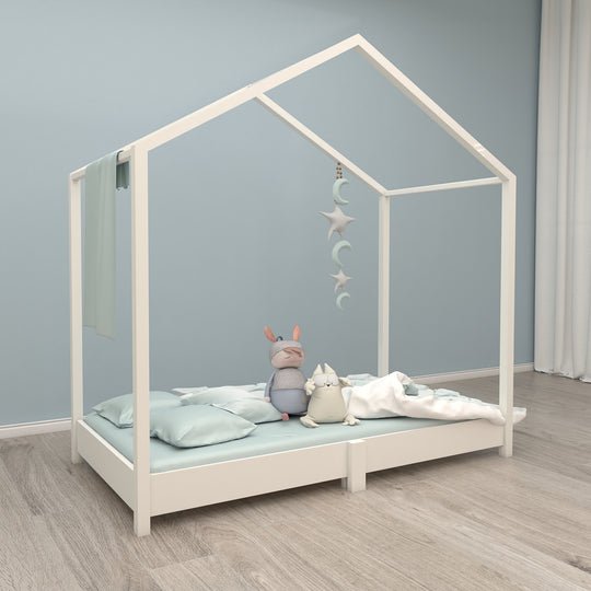 Lettino a casetta 70 x 140 cm - letto da terra secondo il principio Montessori - legno bianco
