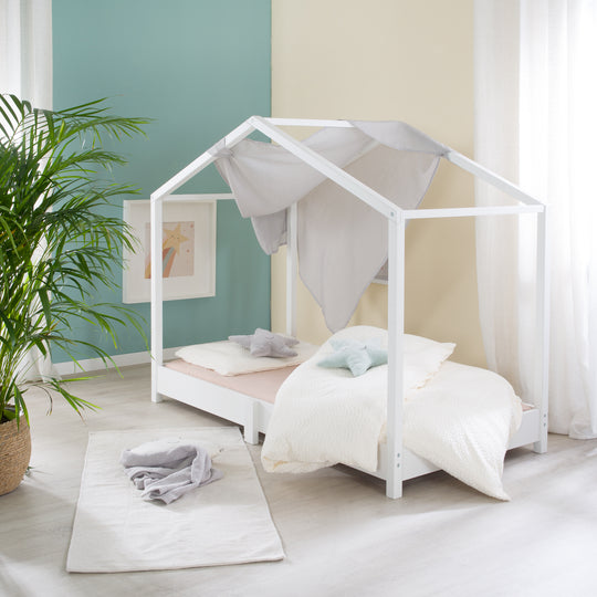 Lettino a casetta 70 x 140 cm - letto da terra secondo il principio Montessori - legno bianco