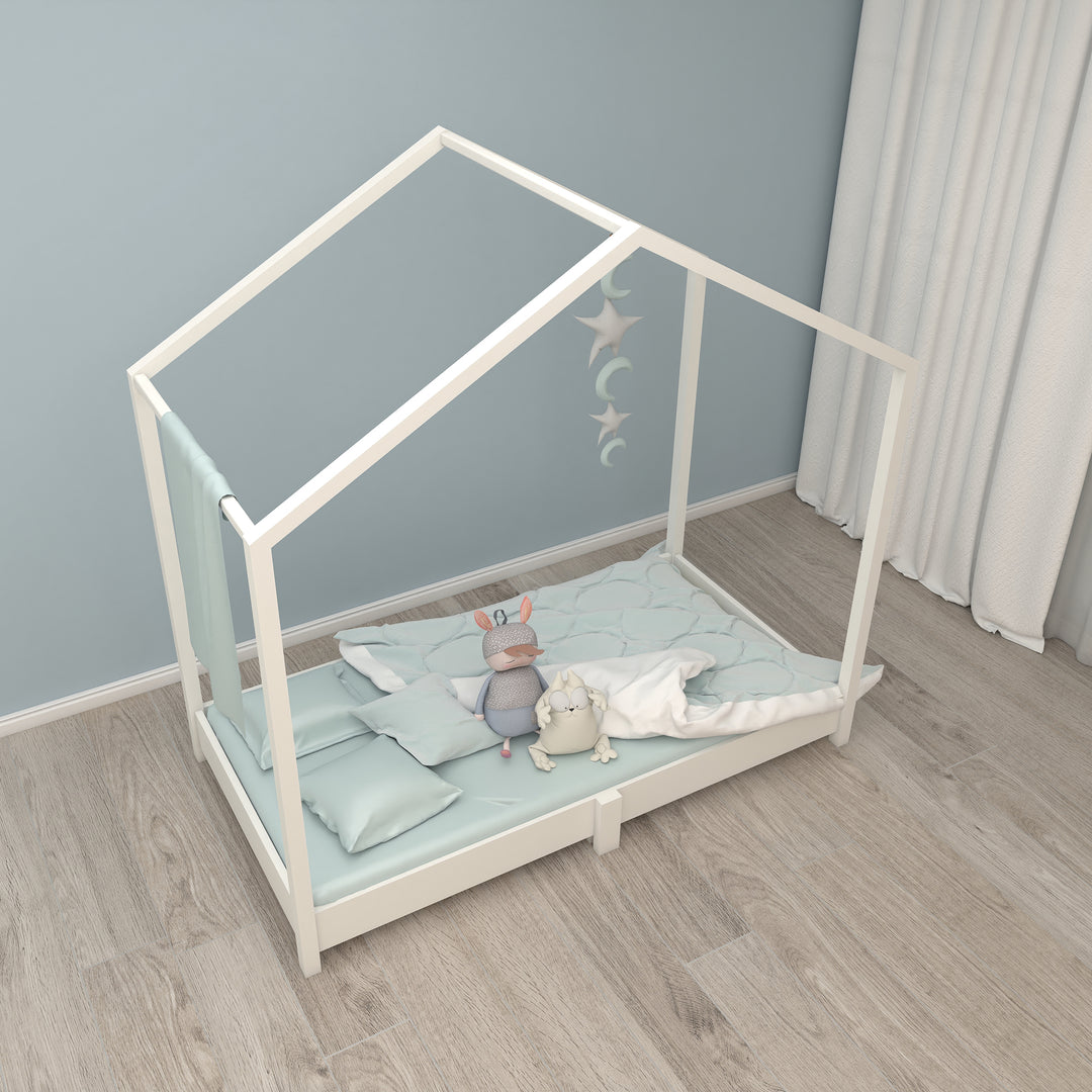 Lettino a casetta 70 x 140 cm - letto da terra secondo il principio Montessori - legno bianco
