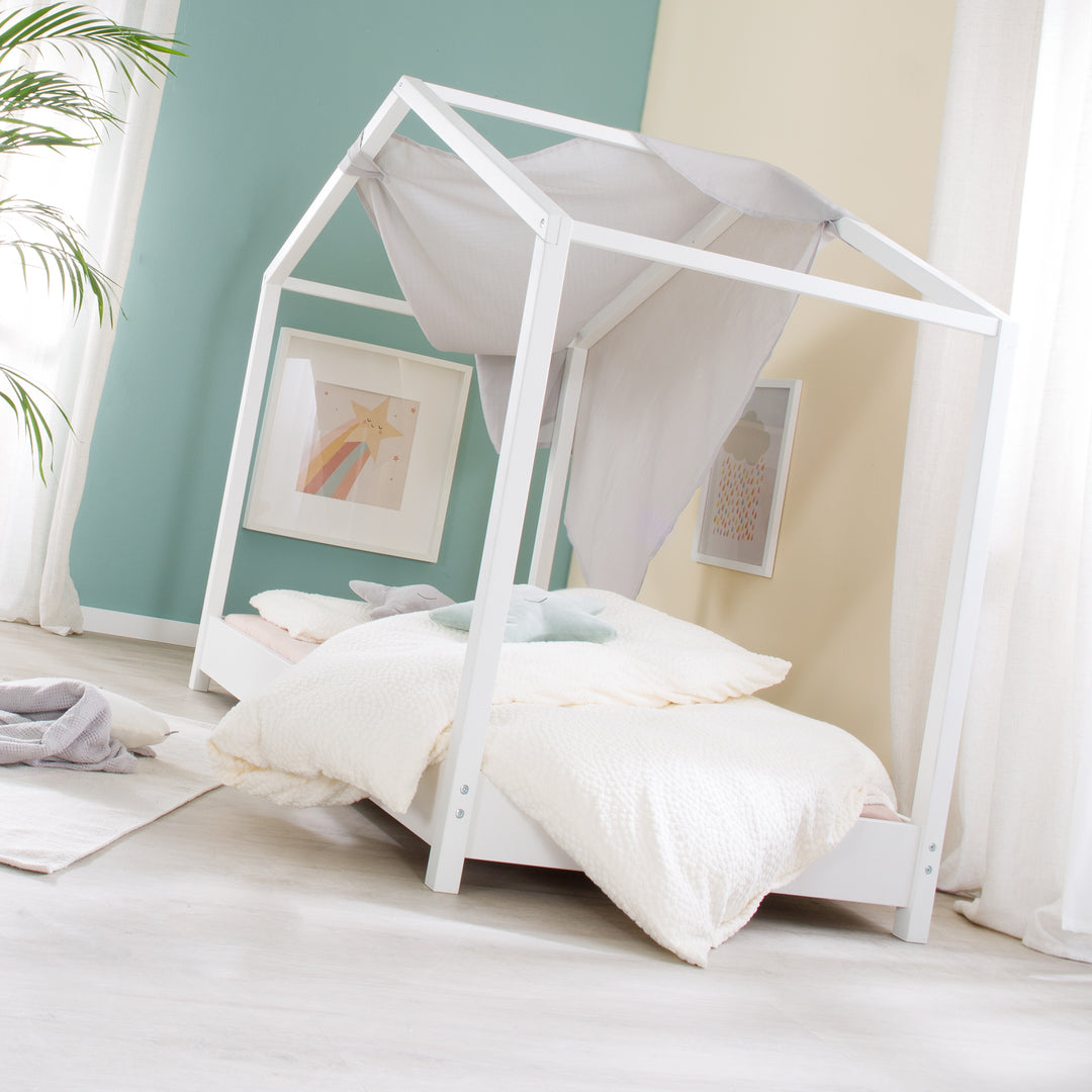 Lettino a casetta 70 x 140 cm - letto da terra secondo il principio Montessori - legno bianco