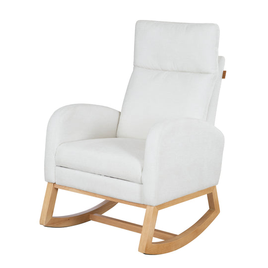 Freisteller des Relaxsessels in Beige mit Chenille-Bezug, Fußteil eingeklappt, seitliche Aufbewahrungstasche an der Armlehne sichtbar, Ansicht schräg von vorne.