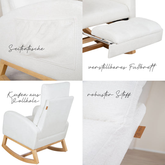 Collage mit Details des Relaxsessels in Beige: Seitentasche, verstellbares Fußbrett, Kufen aus Vollholz und robuster Stoff.
