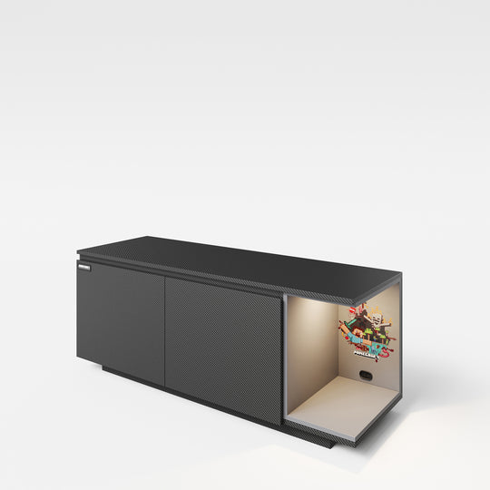 Meuble TV 'Minecraft' avec 2 portes, passage de câbles - étagère ouverte pour console - noir