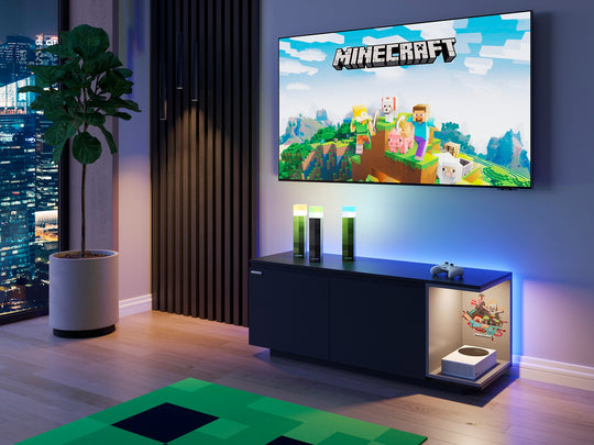 Meuble TV 'Minecraft' avec 2 portes, passage de câbles - étagère ouverte pour console - noir