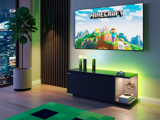 Meuble TV 'Minecraft' avec 2 portes, passage de câbles - étagère ouverte pour console - noir