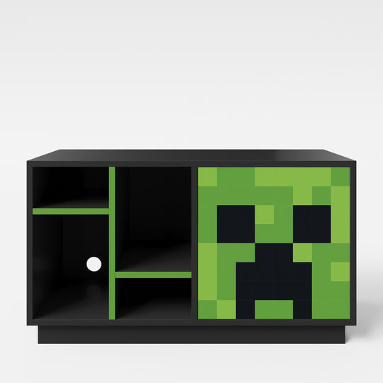 Meuble TV bas 'Minecraft' avec porte push-open et 4 compartiments ouverts - noir / vert
