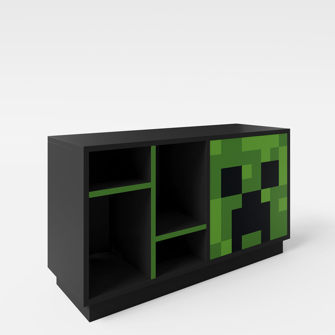 Meuble TV bas 'Minecraft' avec porte push-open et 4 compartiments ouverts - noir / vert
