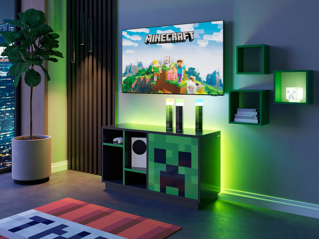 Meuble TV bas 'Minecraft' avec porte push-open et 4 compartiments ouverts - noir / vert