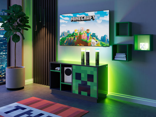 Meuble TV bas 'Minecraft' avec porte push-open et 4 compartiments ouverts - noir / vert