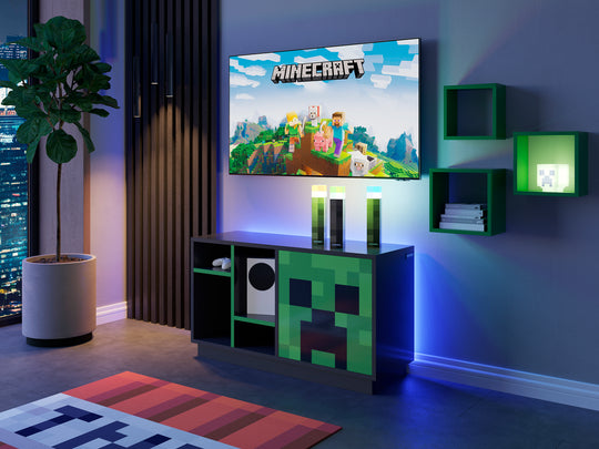 Meuble TV bas 'Minecraft' avec porte push-open et 4 compartiments ouverts - noir / vert