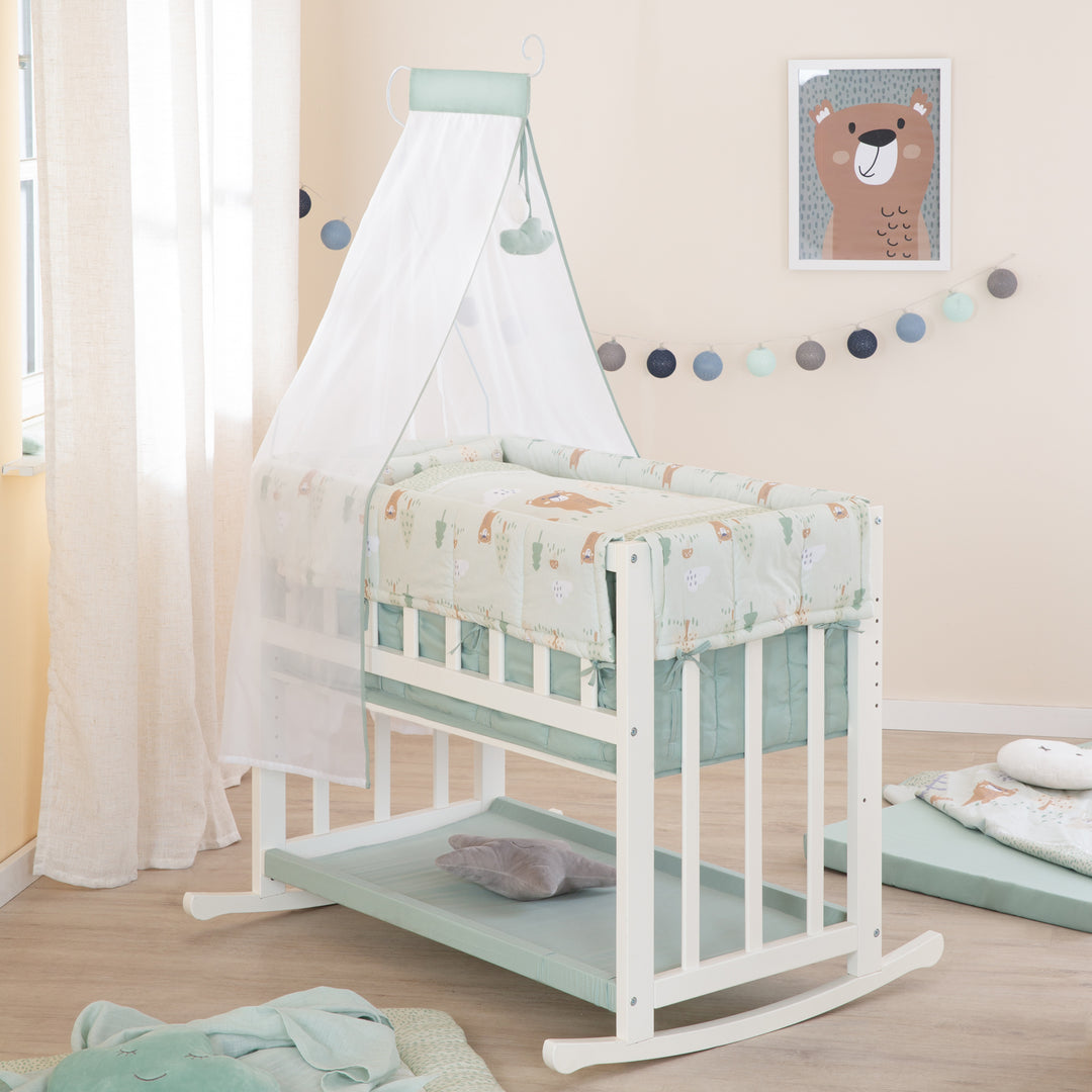 Berceau cododo 4 en 1 'Woodland Buddies' avec équipement textile - Blanc / Vert pastel