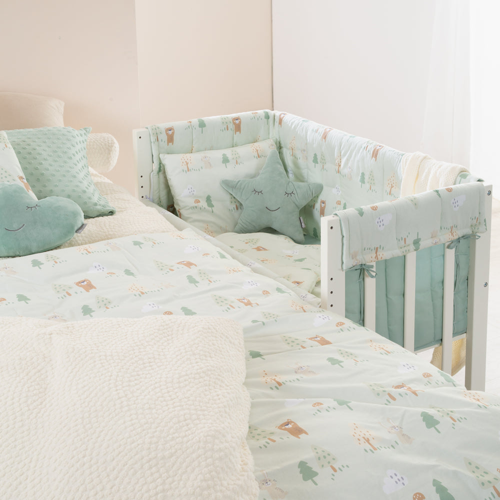 Culla 4 in 1 'Woodland Buddies' con rivestimento in tessuto - Bianco / Verde pastello