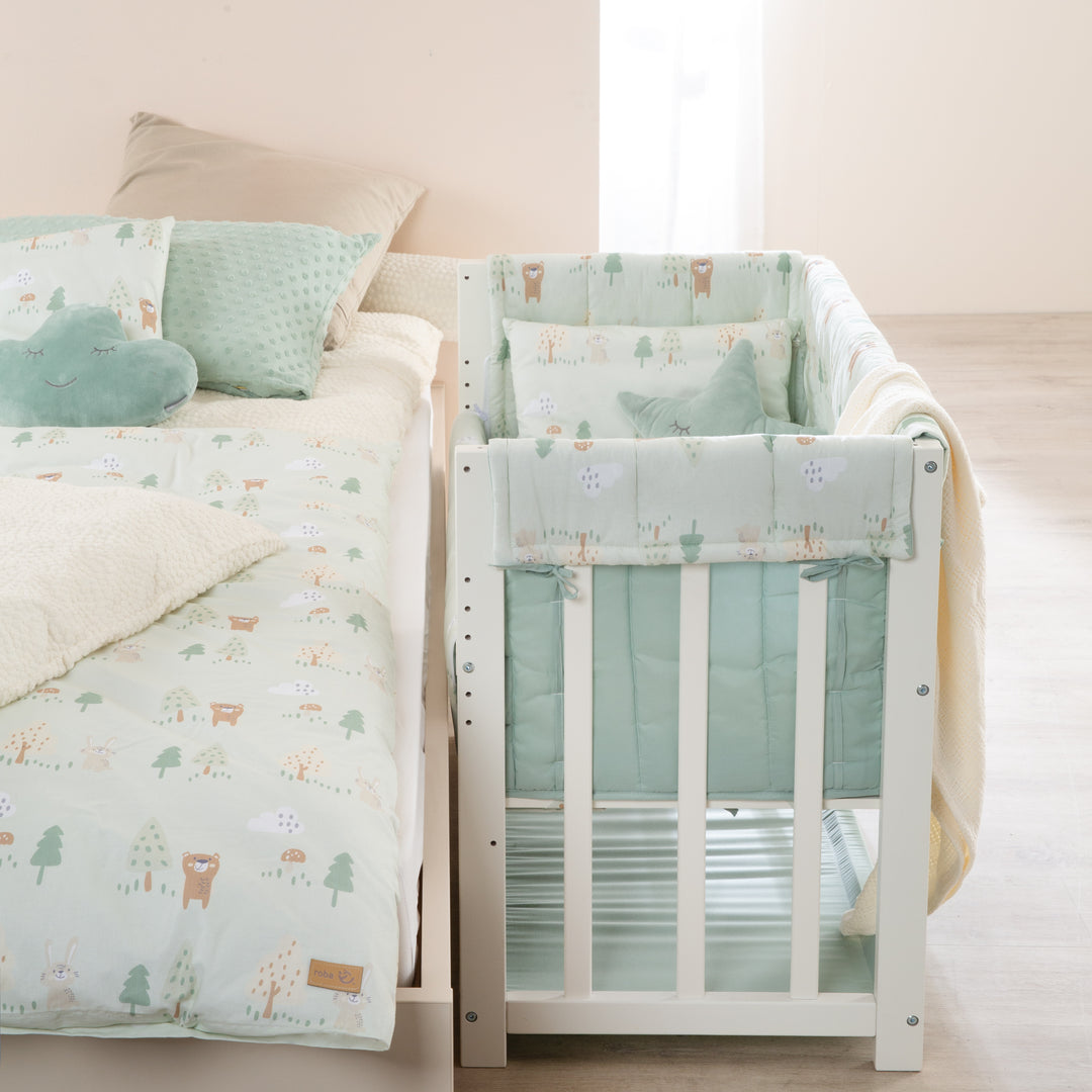 Berceau cododo 4 en 1 'Woodland Buddies' avec équipement textile - Blanc / Vert pastel