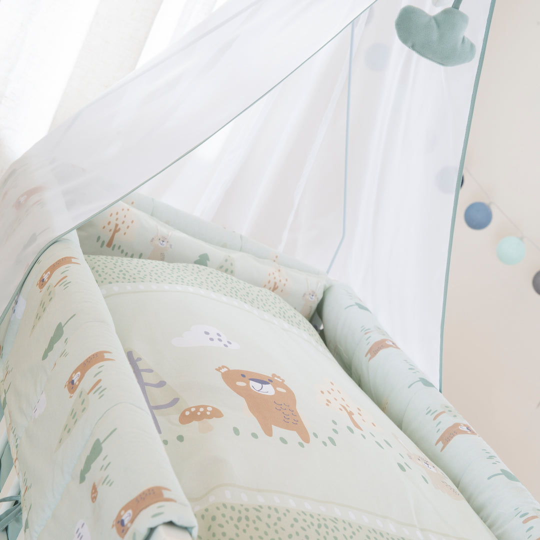 Berceau cododo 4 en 1 'Woodland Buddies' avec équipement textile - Blanc / Vert pastel