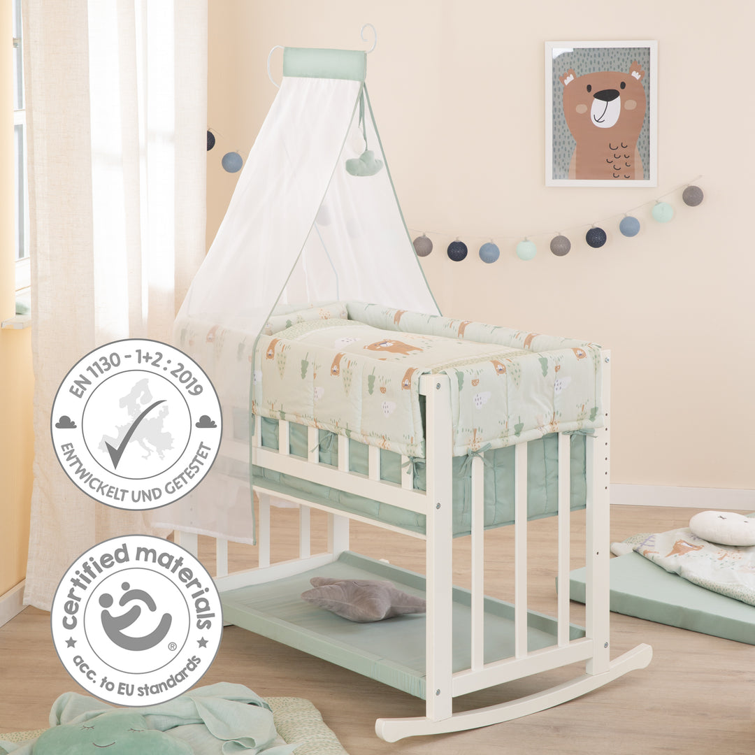 Berceau cododo 4 en 1 'Woodland Buddies' avec équipement textile - Blanc / Vert pastel