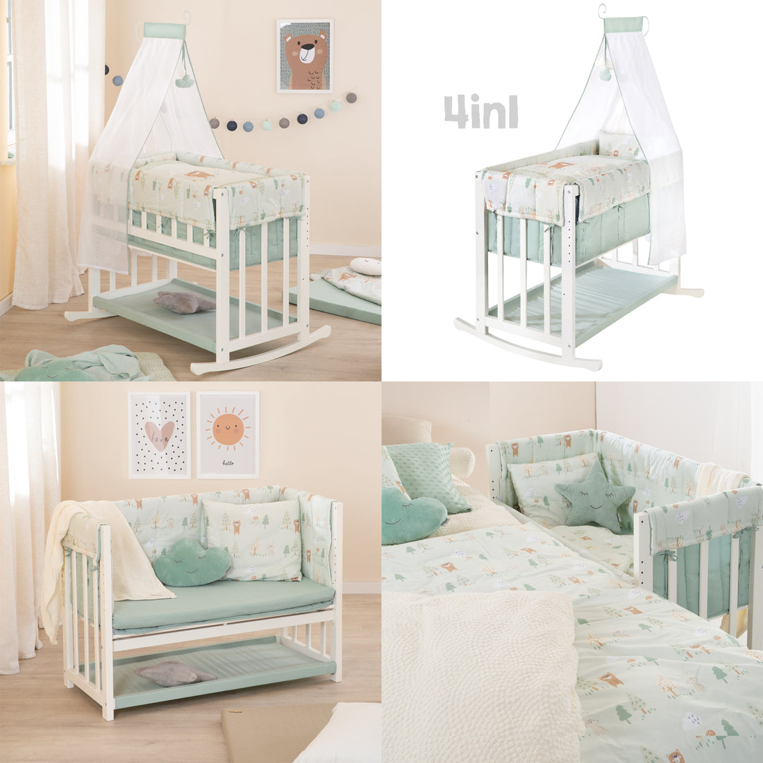 Berceau cododo 4 en 1 'Woodland Buddies' avec équipement textile - Blanc / Vert pastel