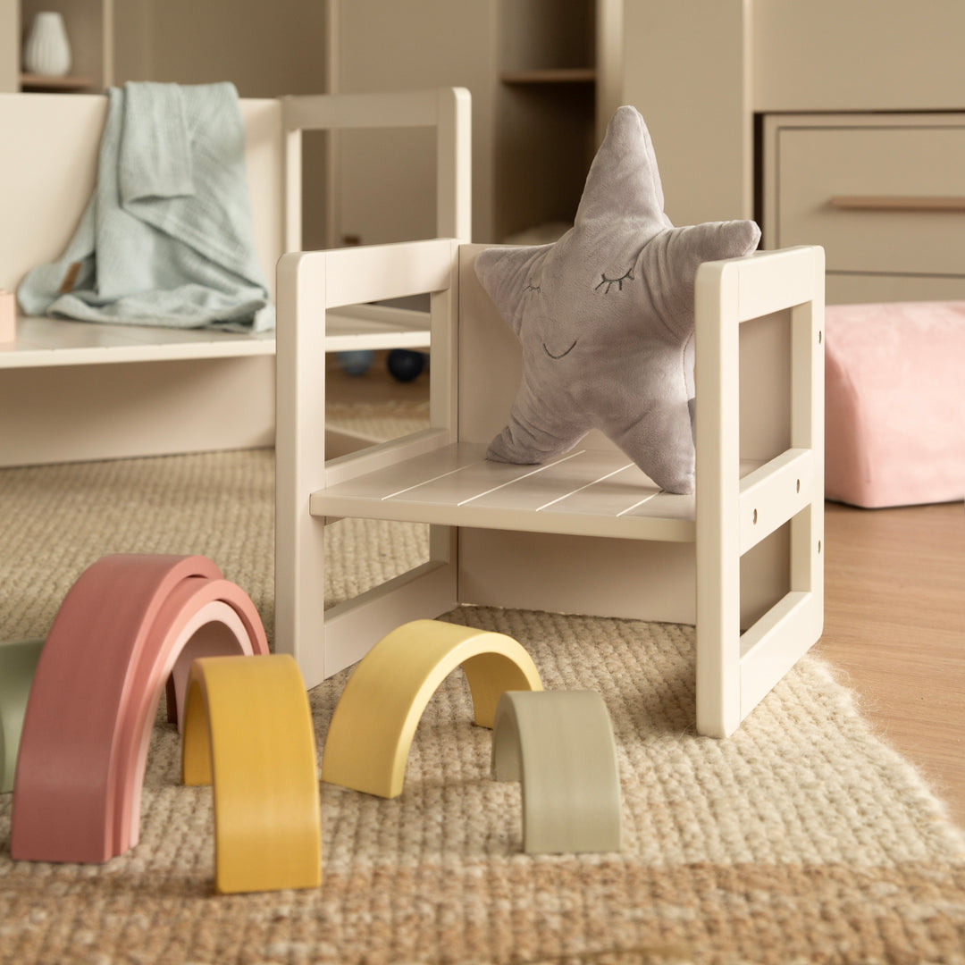 Tabouret pour enfant au style maison de campagne - Réversible à 3 hauteurs d'assise - Beige / cachemire