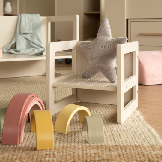 Tabouret pour enfant au style maison de campagne - Réversible à 3 hauteurs d'assise - Beige / cachemire