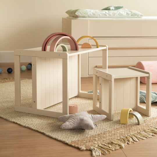 Tabouret pour enfant au style maison de campagne - Réversible à 3 hauteurs d'assise - Beige / cachemire