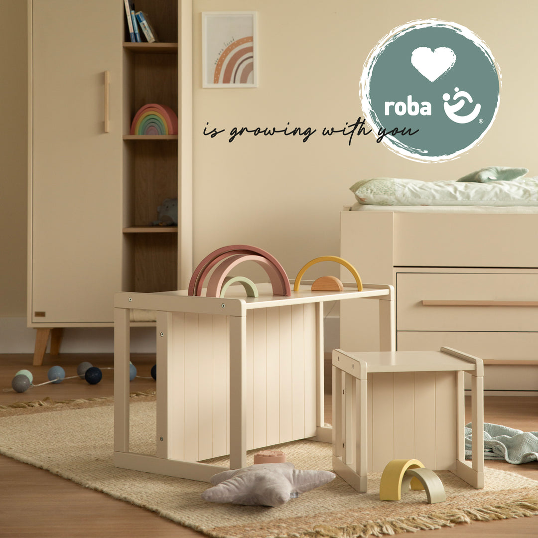 Tabouret pour enfant au style maison de campagne - Réversible à 3 hauteurs d'assise - Beige / cachemire