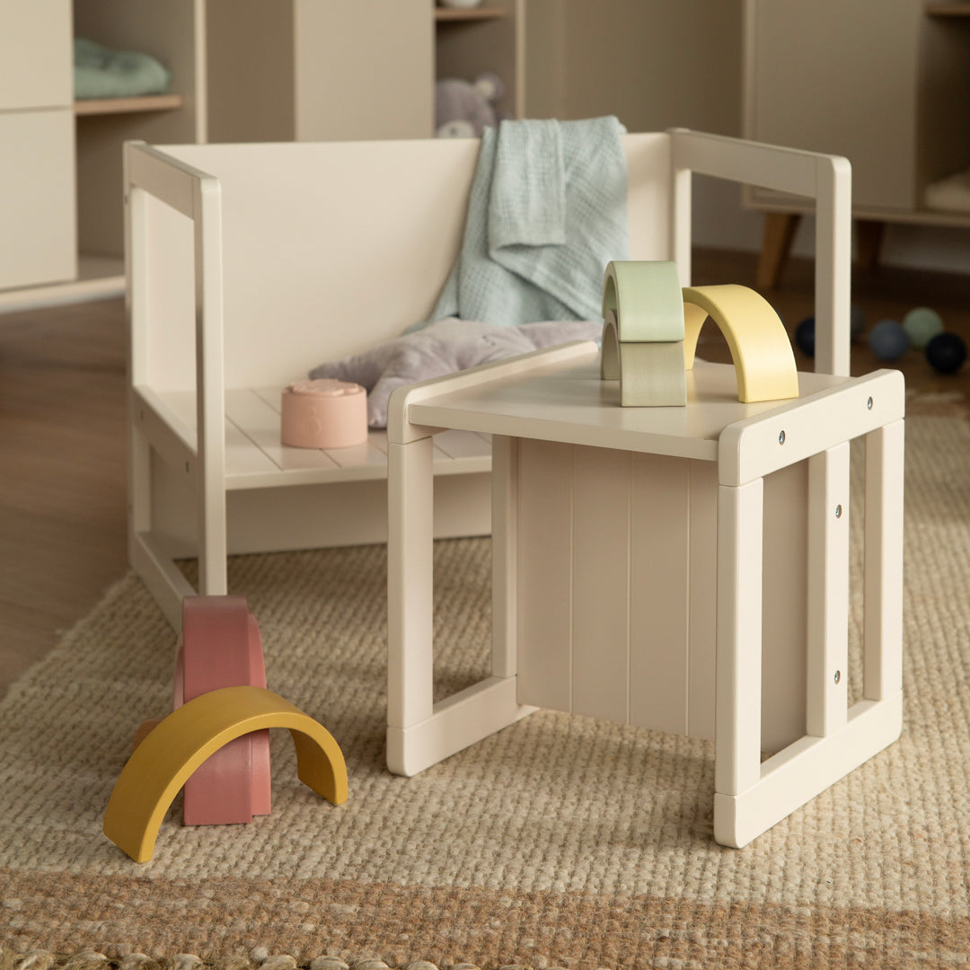 Tabouret pour enfant au style maison de campagne - Réversible à 3 hauteurs d'assise - Beige / cachemire