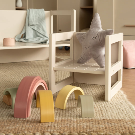 Tabouret pour enfant au style maison de campagne - Réversible à 3 hauteurs d'assise - Beige / cachemire