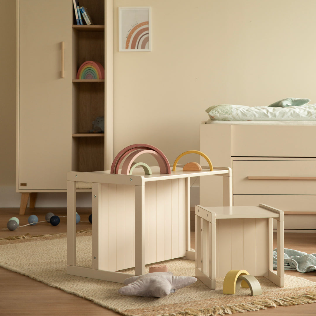Tabouret pour enfant au style maison de campagne - Réversible à 3 hauteurs d'assise - Beige / cachemire