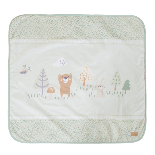 Coperta per neonati 'Woodland Buddies' 80 x 80 cm - coperta a due lati - verde pastello e grigio argento