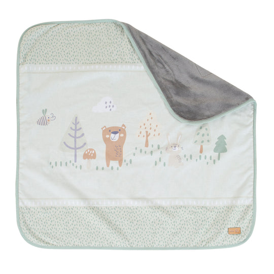 Coperta per neonati 'Woodland Buddies' 80 x 80 cm - coperta a due lati - verde pastello e grigio argento