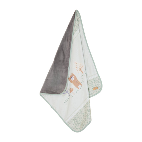 Coperta per neonati 'Woodland Buddies' 80 x 80 cm - coperta a due lati - verde pastello e grigio argento