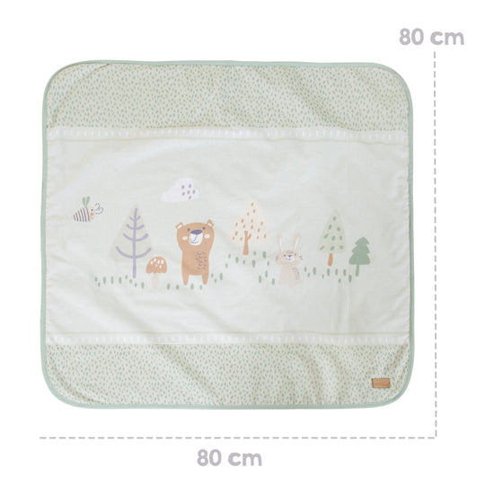 Coperta per neonati 'Woodland Buddies' 80 x 80 cm - coperta a due lati - verde pastello e grigio argento