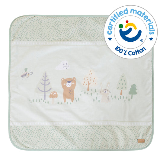 Coperta per neonati 'Woodland Buddies' 80 x 80 cm - coperta a due lati - verde pastello e grigio argento