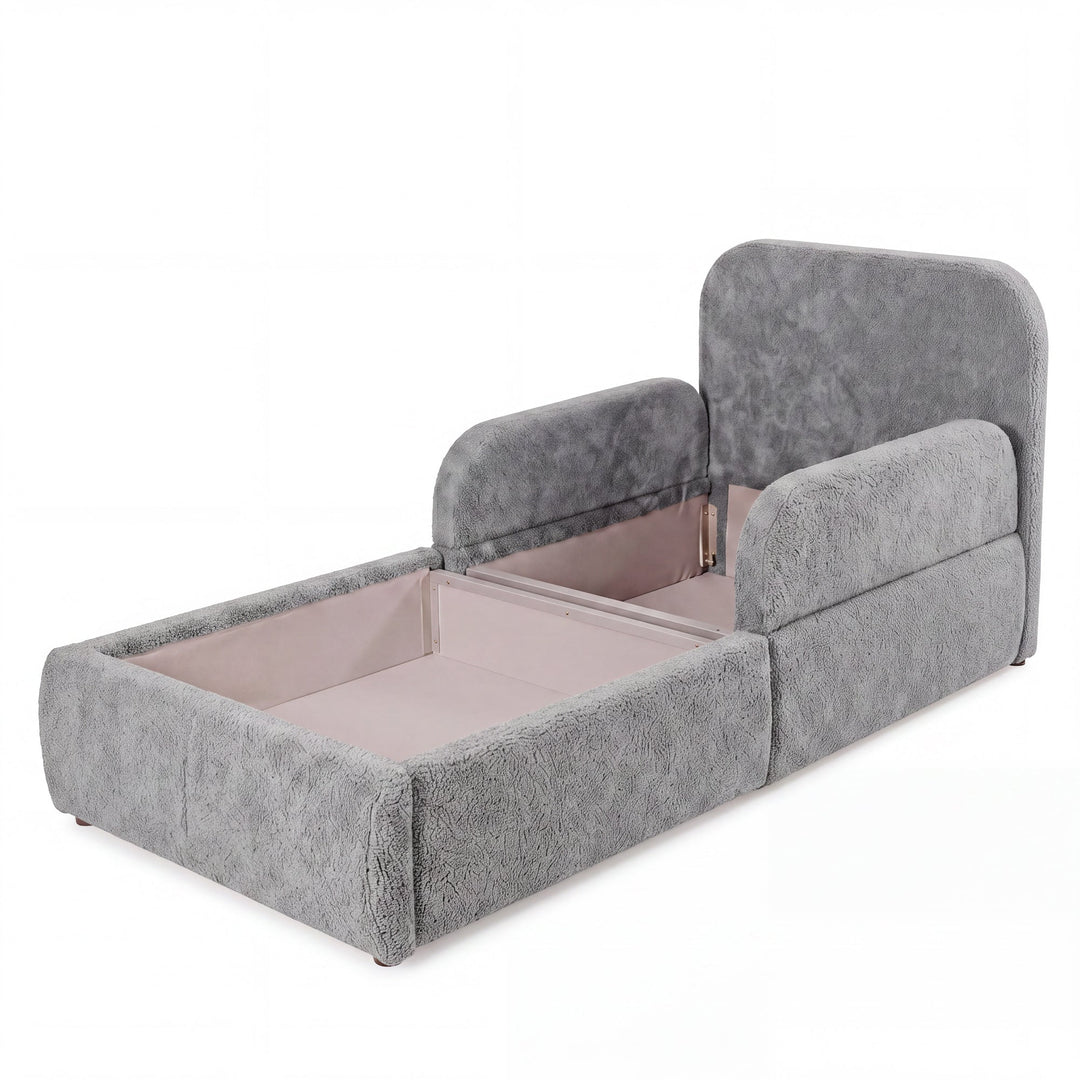 Lit enfant gris en bouclé ouvert avec coffre de rangement visible, image détourée.