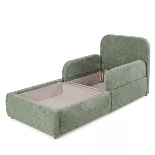 Lit enfant vert en bouclé ouvert avec coffre de rangement visible, image détourée.