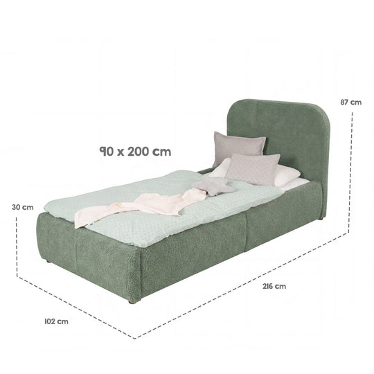 Schéma des dimensions du lit enfant vert : surface de couchage 90×200 cm, dimensions totales 216×102×87 cm, coffre 30 cm.
