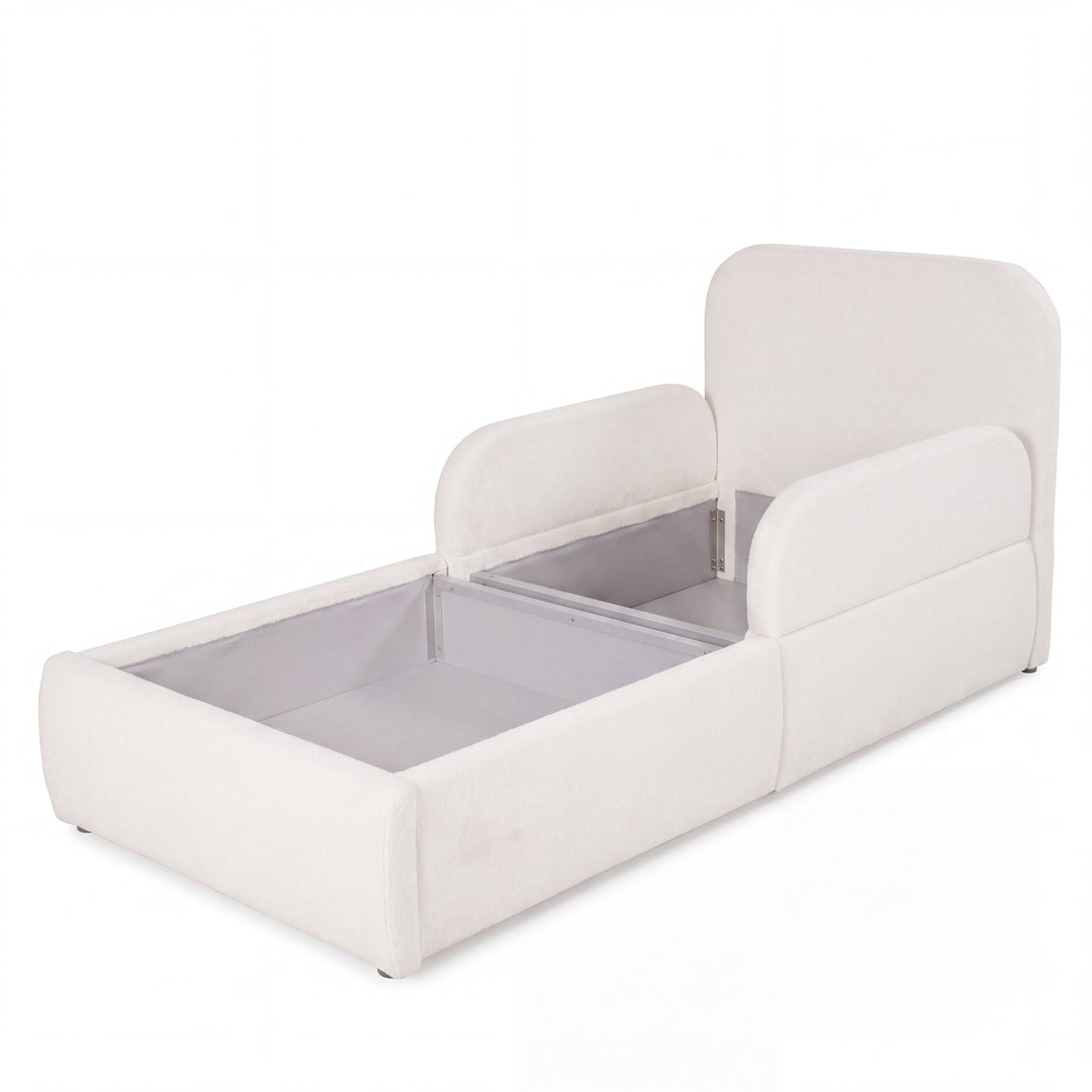 Lit enfant blanc en bouclé ouvert avec coffre de rangement visible, image détourée.