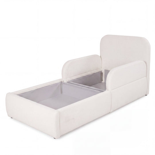 Lit enfant blanc en bouclé ouvert avec coffre de rangement visible, image détourée.