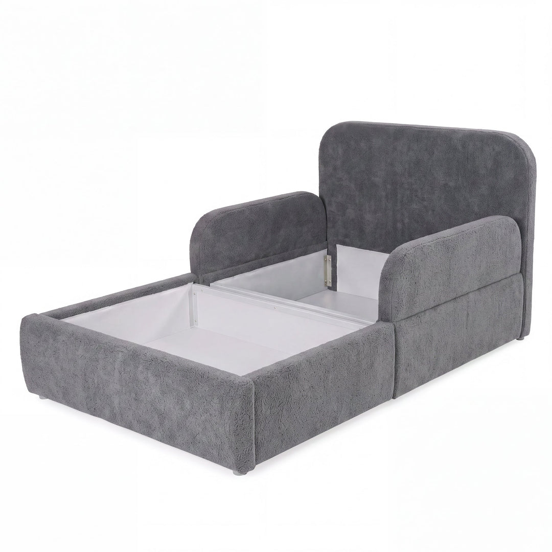 Lit gris en bouclé ouvert avec coffre de rangement visible, image détourée. Entièrement générée par IA.