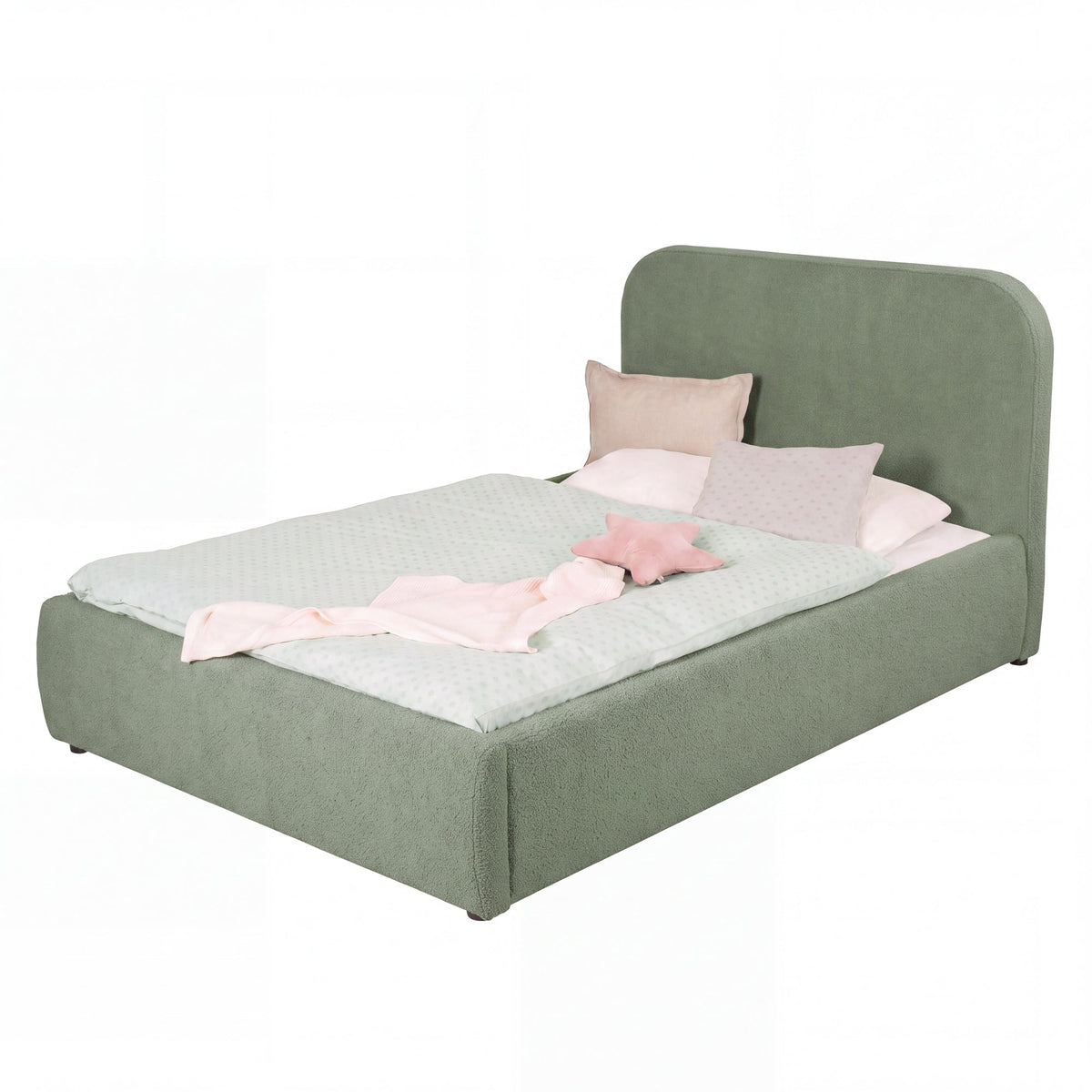 Lit enfant roba Little Dream vert avec tête de lit rembourrée, garni de linge de lit à pois et de coussins. Partiellement générée par IA.