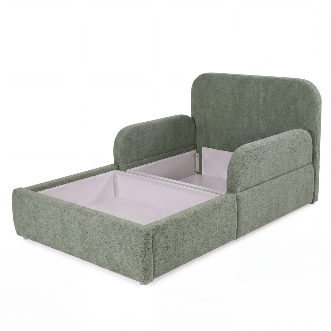 Lit enfant roba Little Dream vert avec coffre ouvert et espace de rangement sous la surface de couchage. Partiellement générée par IA.