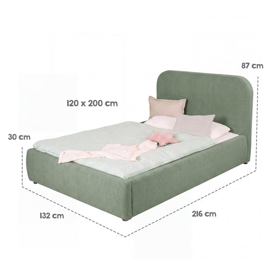 Schéma des dimensions du lit enfant roba Little Dream : surface de couchage 120x200 cm, largeur 132 cm, longueur 216 cm, hauteur 87 cm. Partiellement générée par IA.