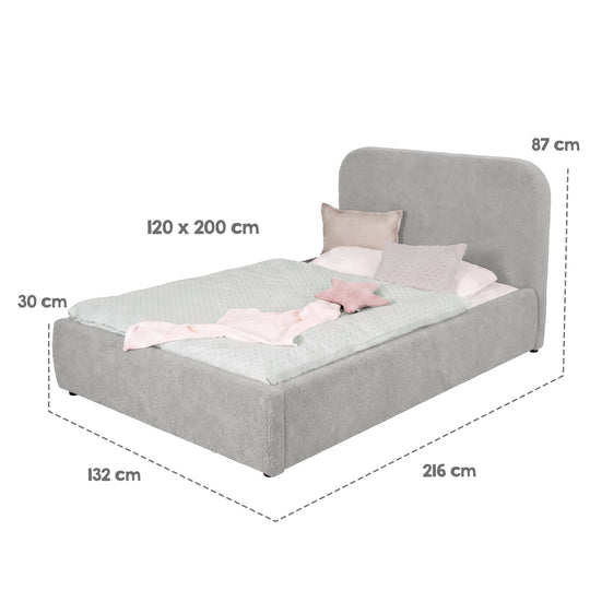 Schéma des dimensions du lit enfant roba Little Dream : surface de couchage 120x200 cm, largeur 132 cm, longueur 216 cm, hauteur 87 cm. Partiellement générée par IA.