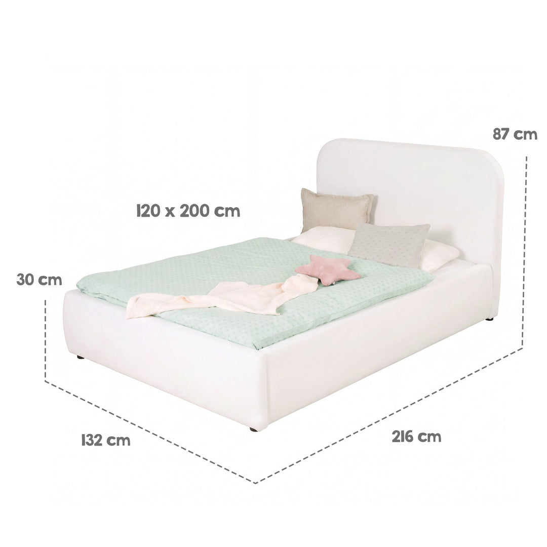 Schéma des dimensions du lit blanc : surface de couchage 120×200 cm, dimensions totales 216×132×87 cm, coffre 30 cm.