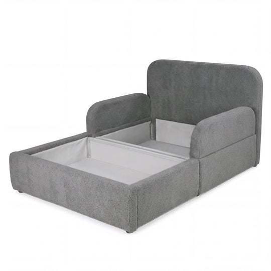 Lit enfant roba Little Dream anthracite avec coffre ouvert et espace de rangement sous la surface de couchage. Partiellement générée par IA.