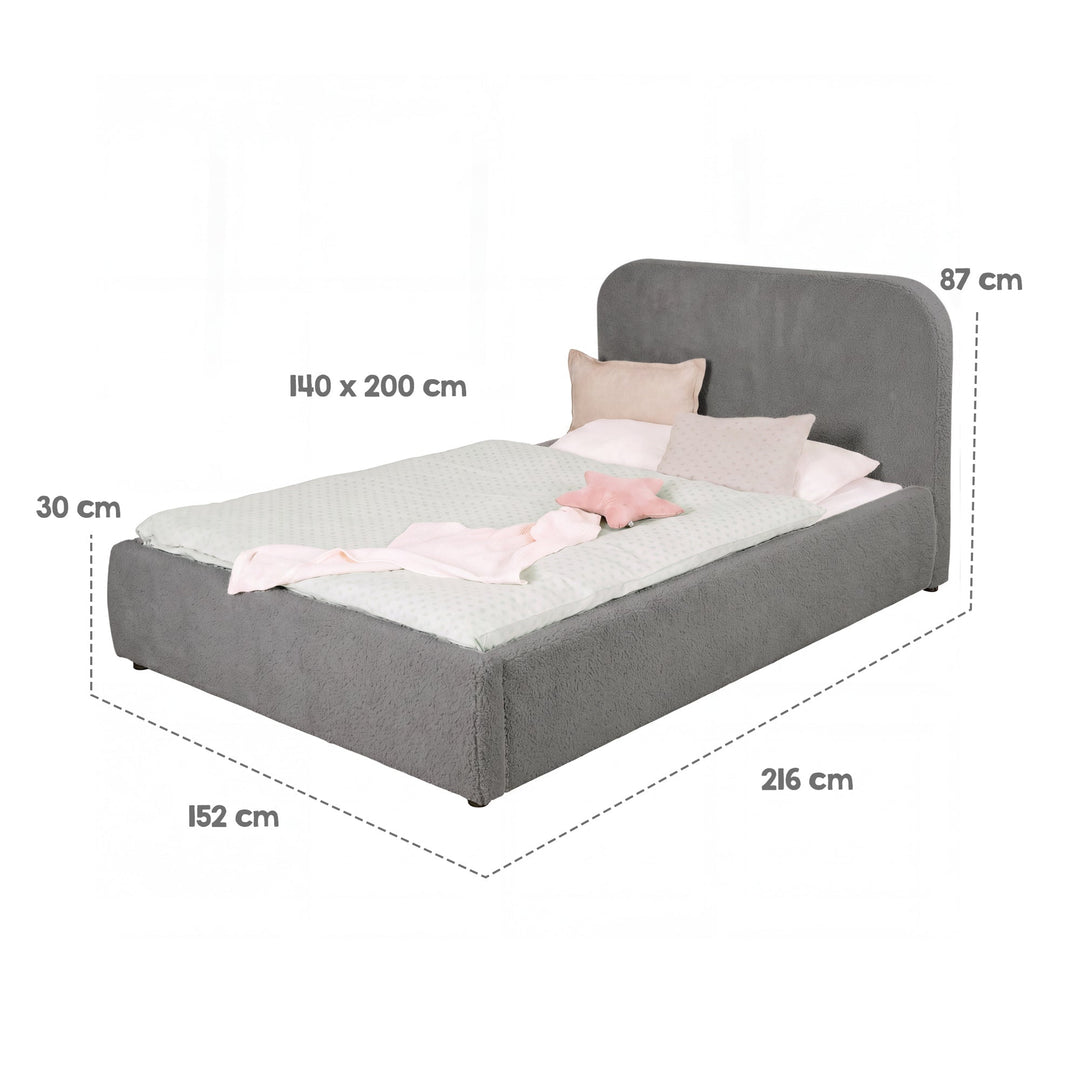 Schéma des dimensions du lit enfant roba Little Dream : surface de couchage 140x200 cm, largeur 152 cm, longueur 216 cm, hauteur 87 cm. Partiellement générée par IA.