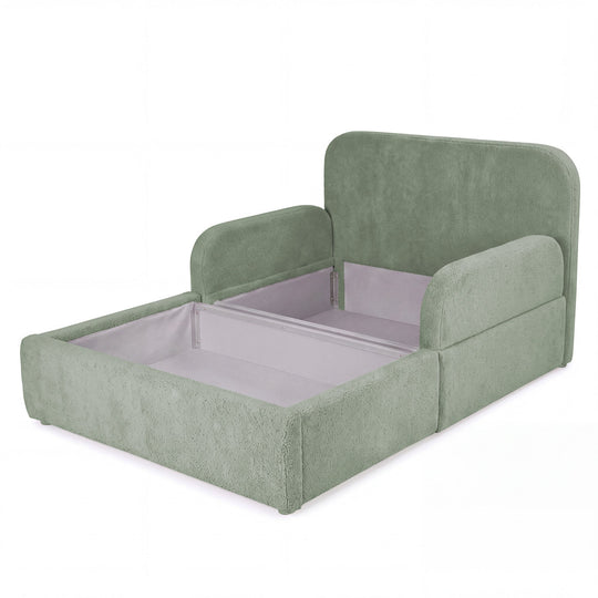Lit enfant roba Little Dream vert sauge avec coffre ouvert et espace de rangement sous la surface de couchage. Partiellement générée par IA.