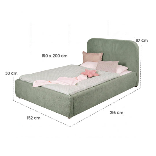 Schéma des dimensions du lit enfant roba Little Dream : surface de couchage 140x200 cm, largeur 152 cm, longueur 216 cm, hauteur 87 cm. Partiellement générée par IA.