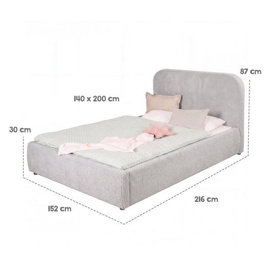 Maßgrafik des Kinderbetts roba Little Dream: Liegefläche 140x200 cm, Breite 152 cm, Länge 216 cm, Höhe 87 cm. Teilweise KI generiert.