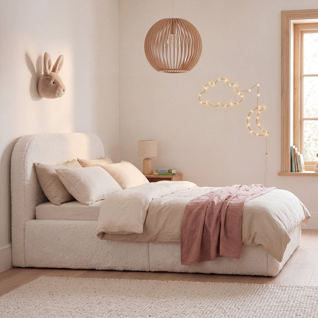 Lit enfant roba Little Dream blanc dans une chambre d'enfant cosy avec suspension et guirlande lumineuse. Partiellement générée par IA.